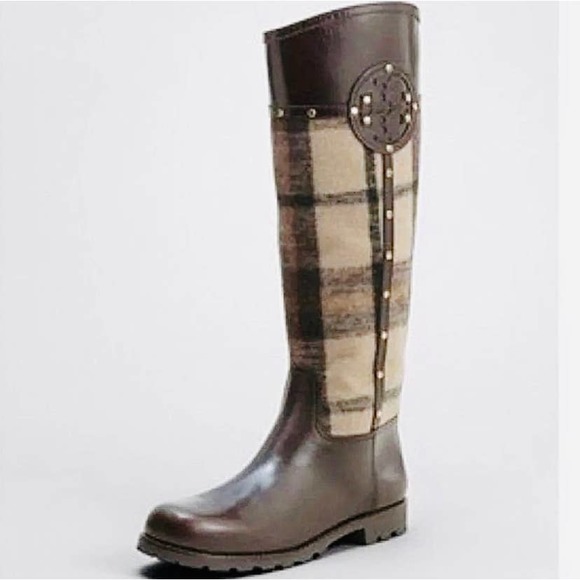 Tory Burch Shoes - Tory Burch Brown Leather Colleen Plaid Riding Boots Sz 8.5